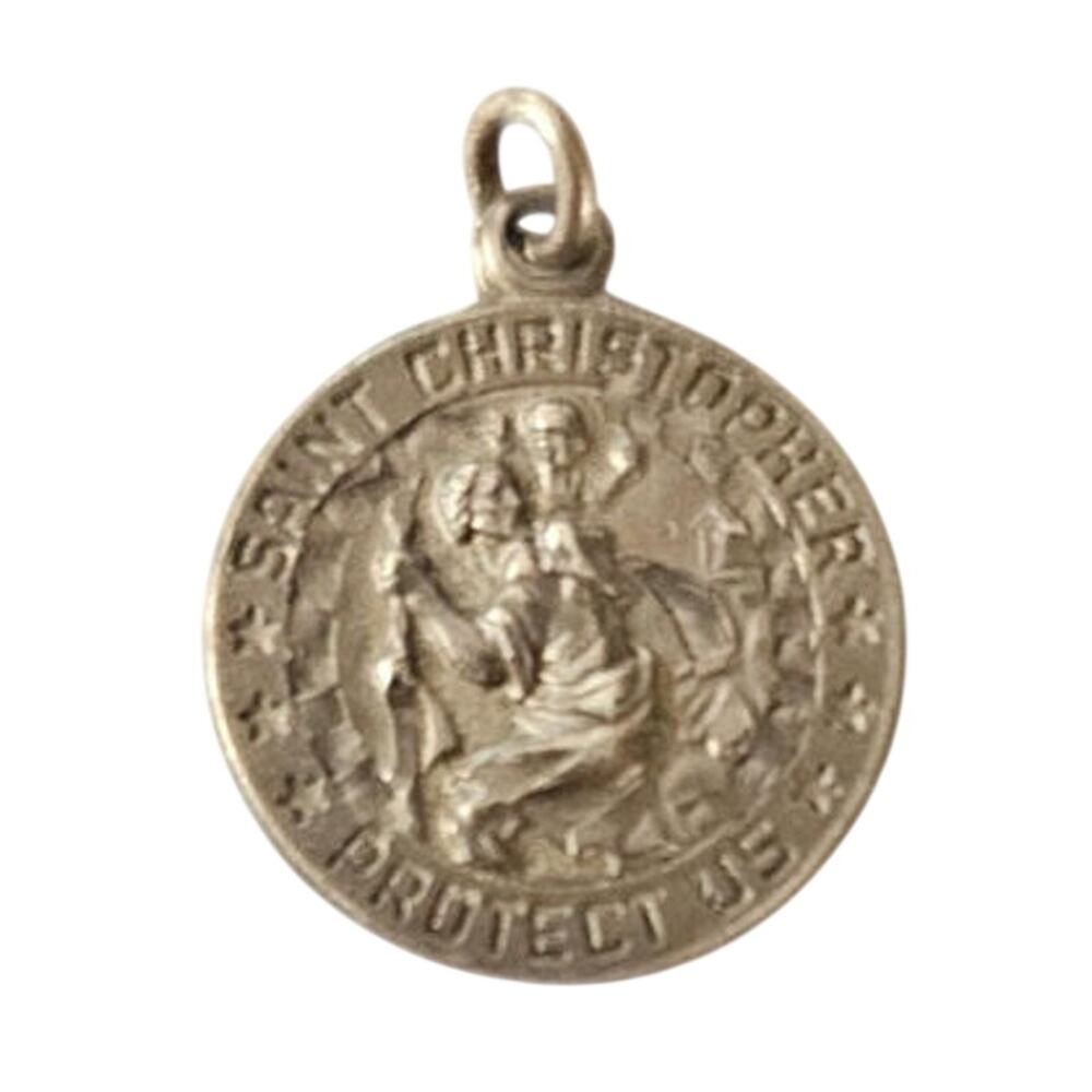 Vintage Sterling Silver Saint Christopher Protect Us Religious Medal Charm 7/8"